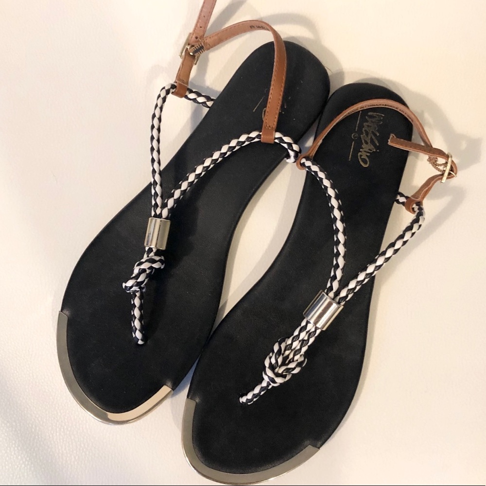 Black and white braided sandals